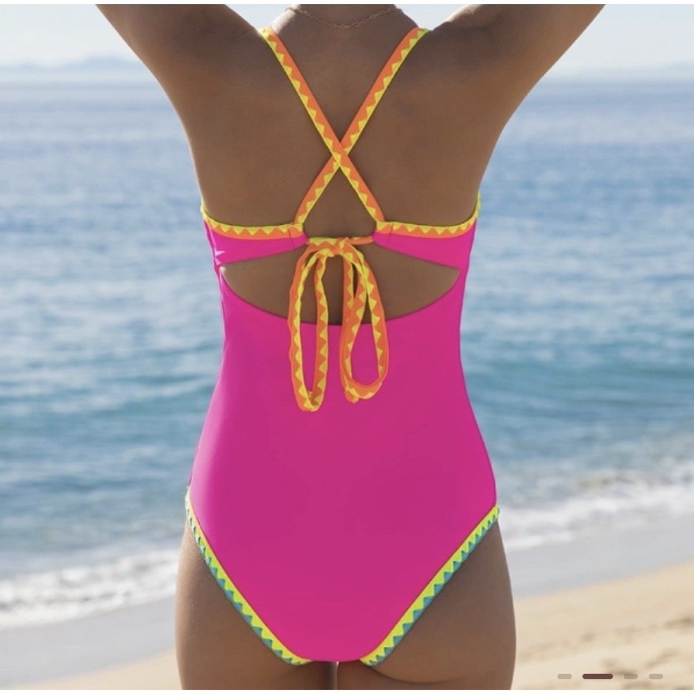 Popvil Women's One Piece Swimsuit Shell Trim Front Strappy Back Hot Pink XXL‎